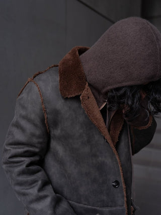 HIGH-END FAUX MOUTON COAT [GRAY/BROWN]